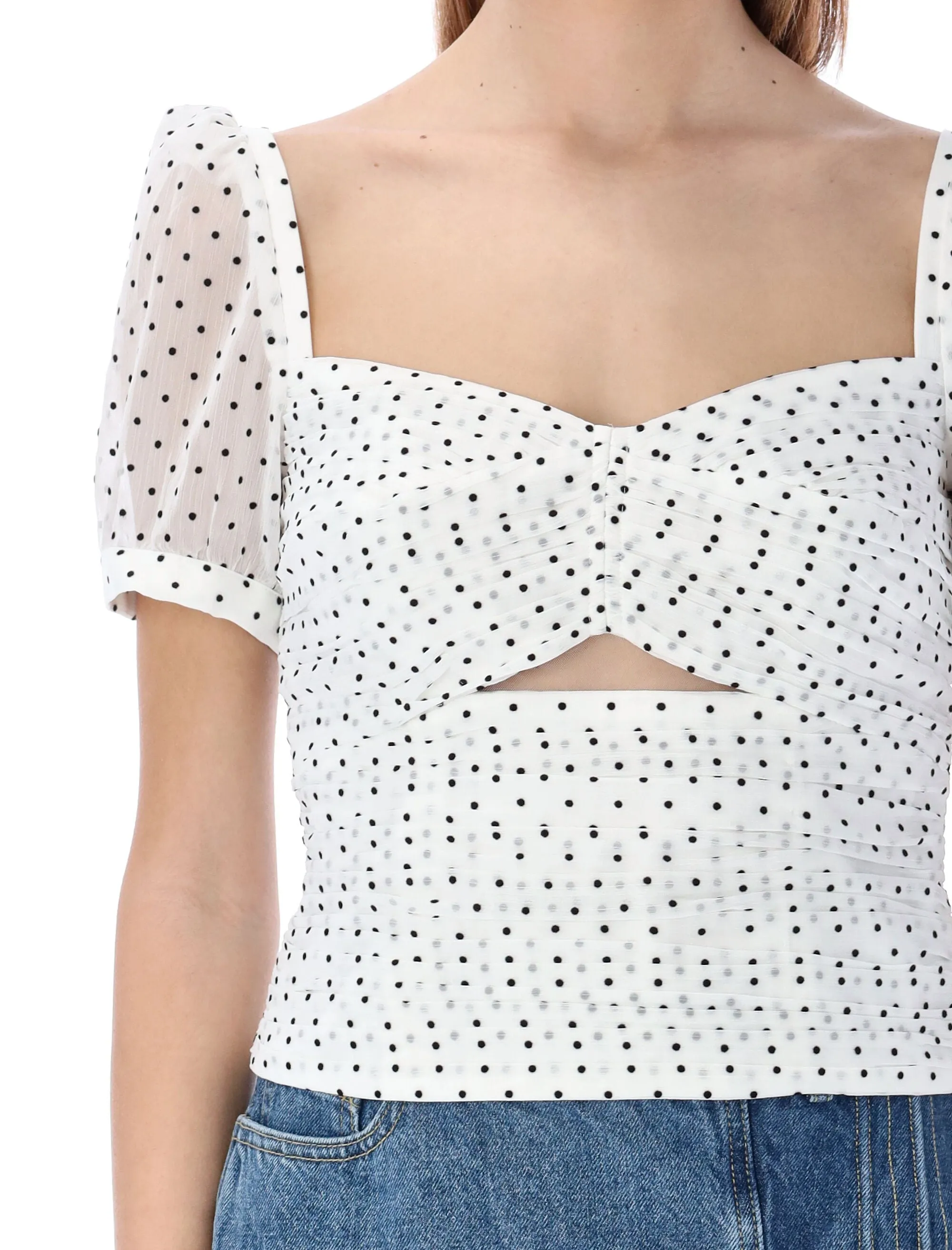 Self-Portrait Puff Sleeved Polka Dot Print Cropped Top
