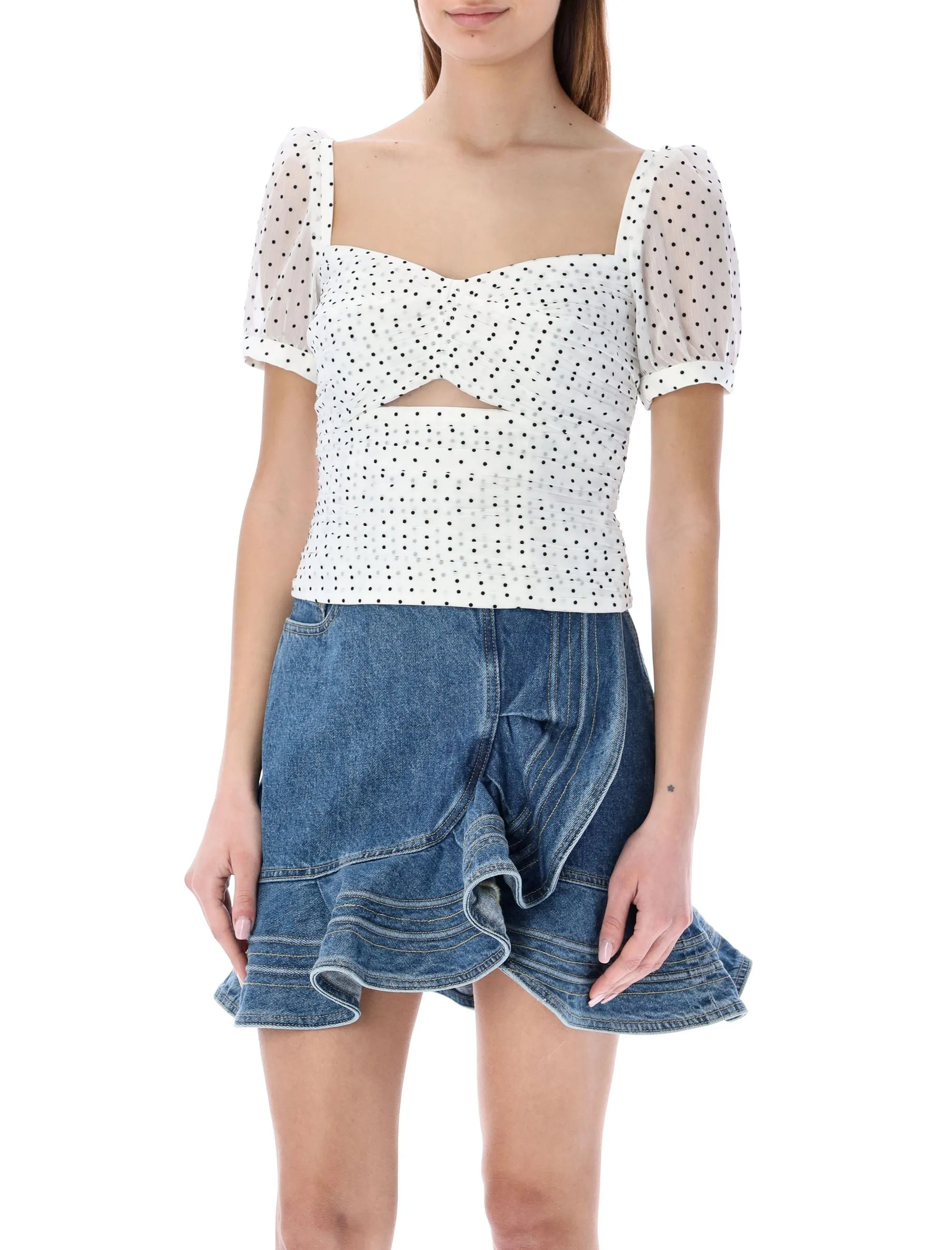 Self-Portrait Puff Sleeved Polka Dot Print Cropped Top
