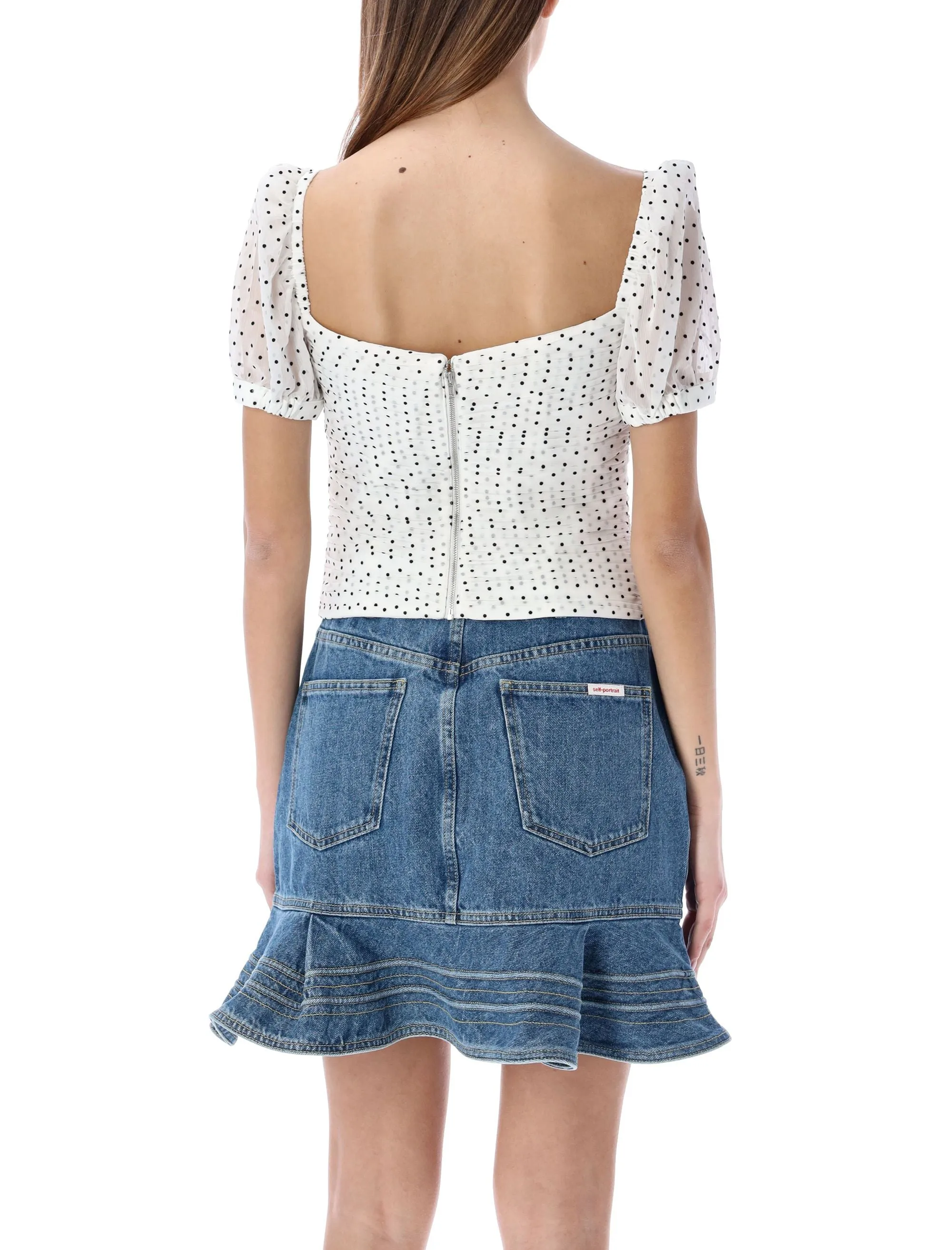 Self-Portrait Puff Sleeved Polka Dot Print Cropped Top