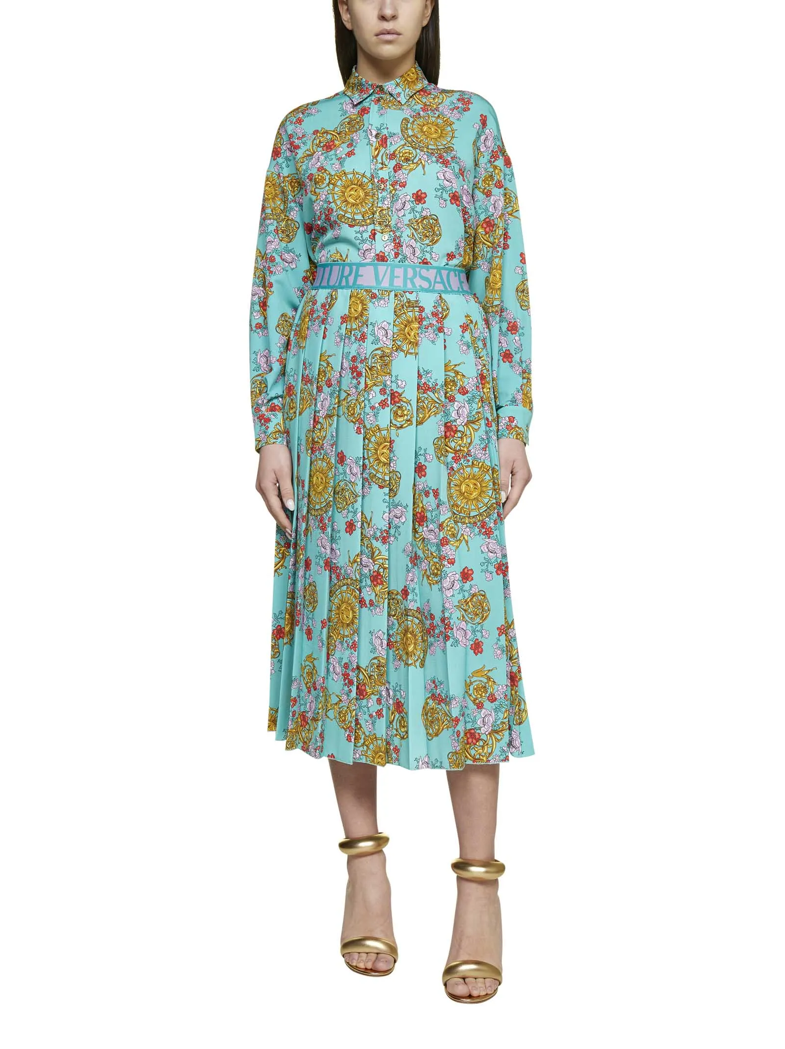 Versace Jeans Couture Motif Print Pleated Midi Skirt
