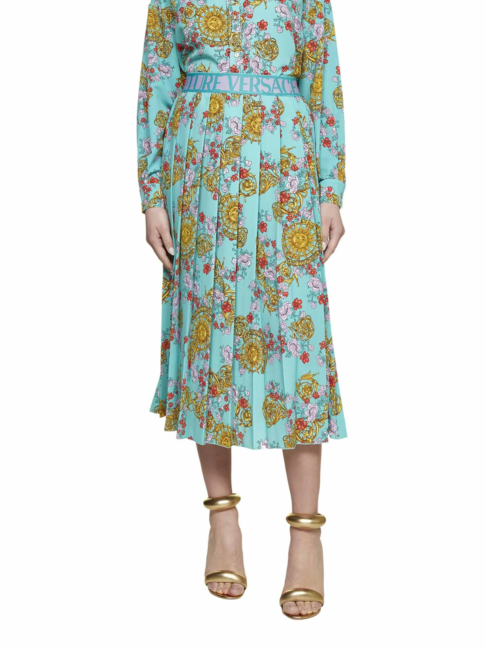 Versace Jeans Couture Motif Print Pleated Midi Skirt