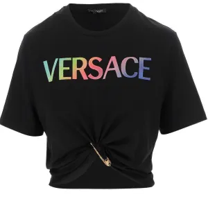 Versace Logo Printed Safety Pin Cropped T-Shirt