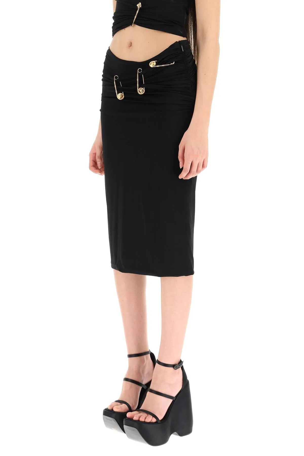 Versace Safety-Pin High Waist Ruched Skirt