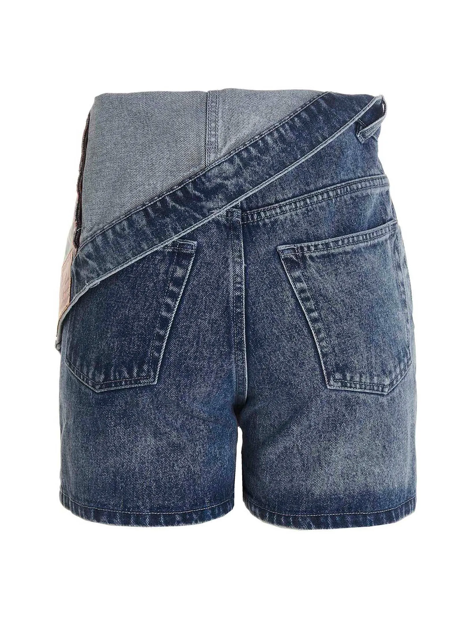 Y/Project Asymmetric Waist Logo Patch Denim Shorts
