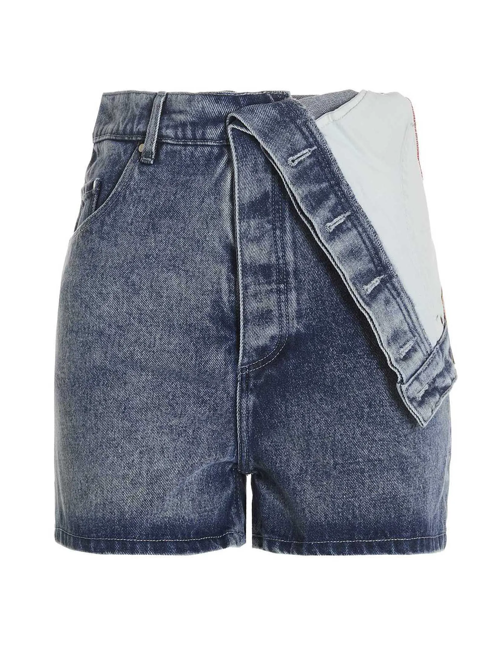 Y/Project Asymmetric Waist Logo Patch Denim Shorts