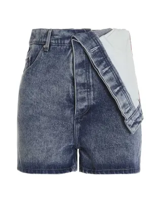 Y/Project Asymmetric Waist Logo Patch Denim Shorts