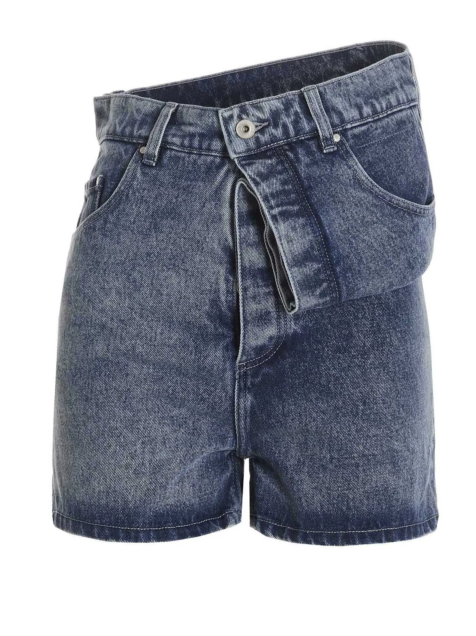 Y/Project Asymmetric Waist Logo Patch Denim Shorts