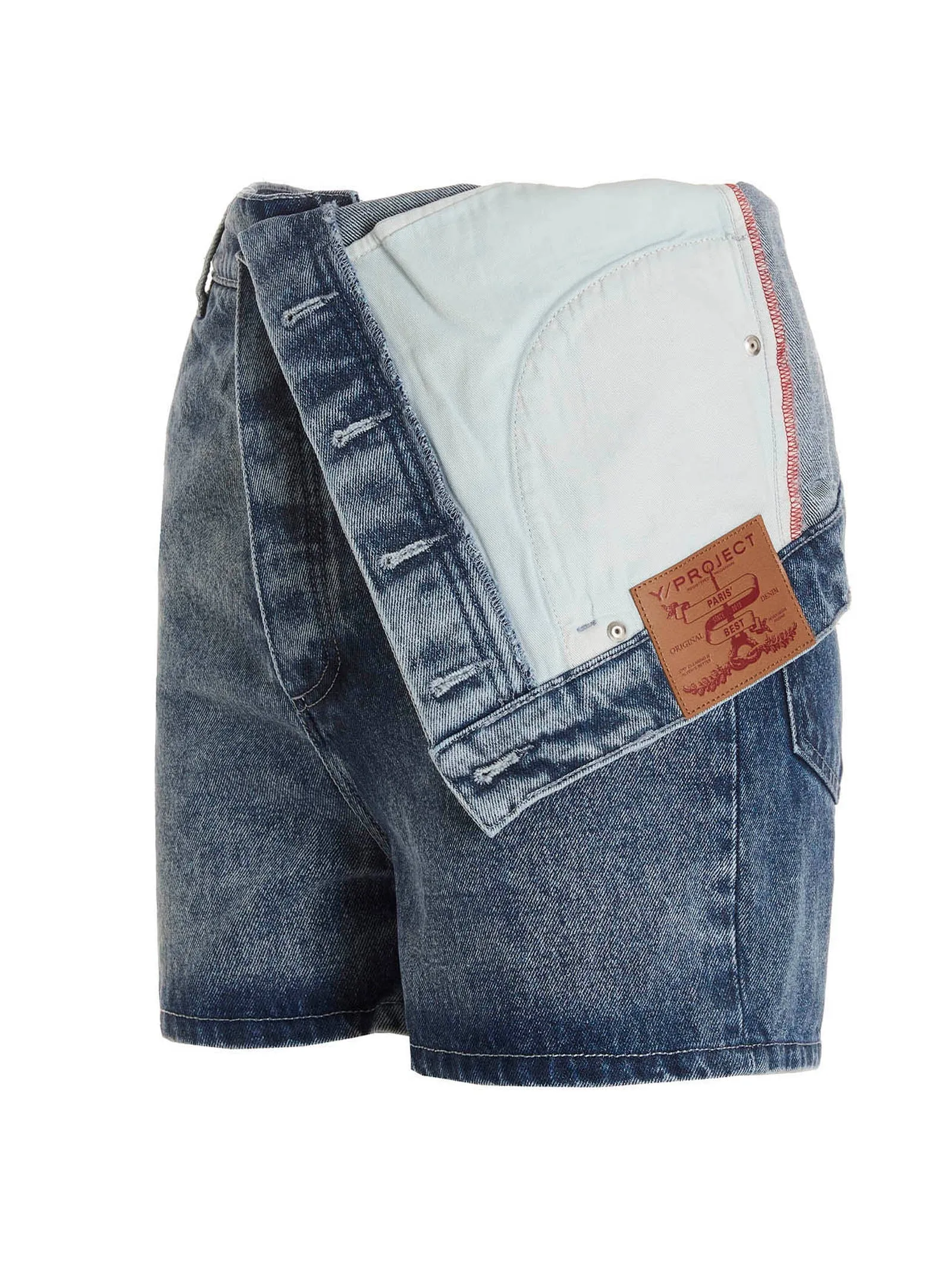 Y/Project Asymmetric Waist Logo Patch Denim Shorts